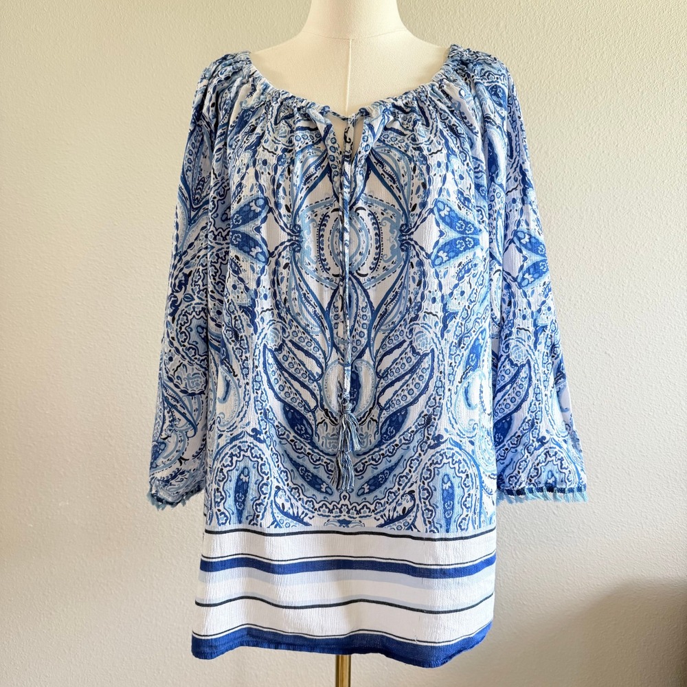 Rafaella Blue White Paisley Cotton Peasant Top Tassel Fringe 2X Boho‎ Tropical